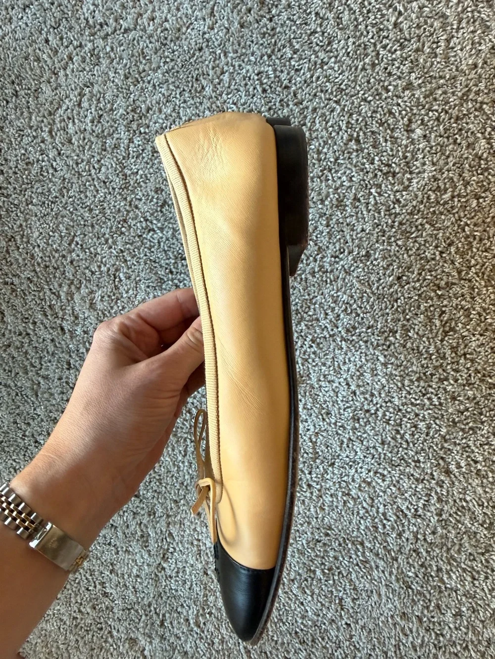 CHANEL Beige and Black Cap-Toe Ballet Flats - Picture 5 of 5